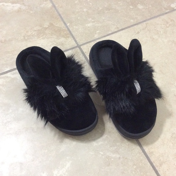 🎀FUR RABBIT BUNNY EAR SLIPPERS BLACK BLING SLEEP - Picture 5 of 8